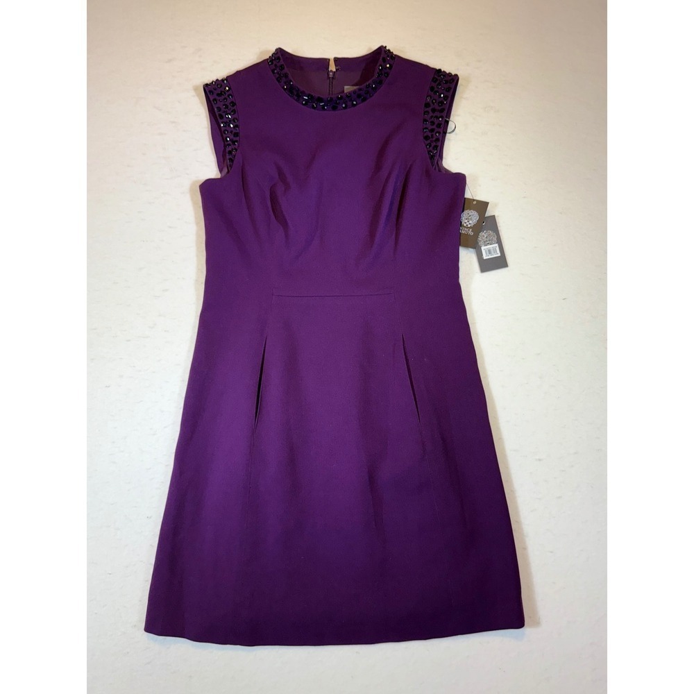 Vince Camuto Women's Purple Beaded Neckline Sleeveless Sheath Dress Size 8P